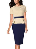 Beige And Dark Blue Womens Pleated Crew Neck Peplum Wear To Work Office Sheath Dress Vfshow