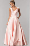 Stylefun Elegant Prom Dresses Long Ball Gown for Women Simple V-Neck A-line Satin Formal Gowns HD62