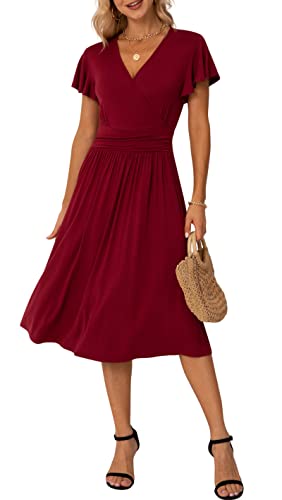 Wine Red Summer Wrap Dress Ladies Casual Ruffle Short Sleeve V-Neck Floral Beach - GRECERELLE