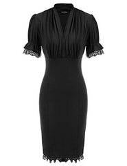 SCARLET DARKNESS Women Dress Steampunk Bodycon Hips-Wrapped Short Puffed Sleeves V-Neck | Women's Cocktail Dresses