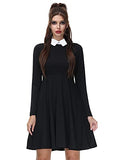 Women's Halloween Black Wednesday Addams Peter Pan Collar Long Sleeve Flare Skater Dress XS-XXL