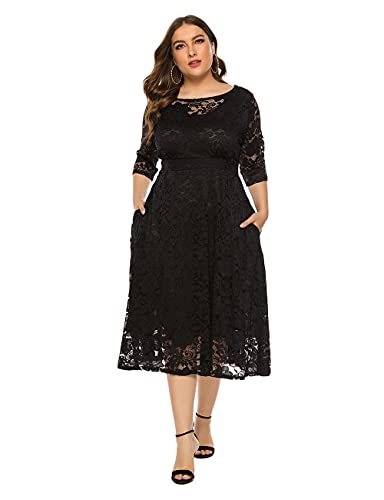 Women Plus Size Floral Lace 3/4 Sleeve Party Wedding Cocktail Midi Dress With Pockets