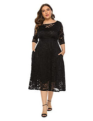 Women Plus Size Floral Lace 3/4 Sleeve Party Wedding Cocktail Midi Dress With Pockets