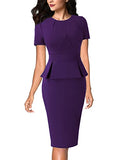 Purpleshort Sleeve Womens Pleated Crew Neck Peplum Wear To Work Office Sheath Dress Vfshow