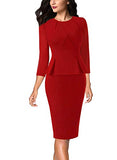 Red Three Quarter Sleeve Womens Pleated Crew Neck Peplum Wear To Work Office Sheath Dress Vfshow | Women's Work Dresses