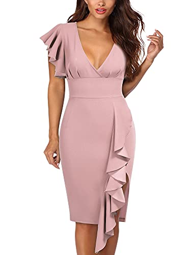 Pink Women's Deep-V Neck Ruffle Sleeves Cocktail Party Pencil Slit Formal Dress - Knitee