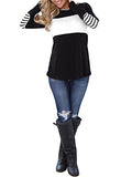 Women's Long Sleeve Round Neck Elbow Patched Color Block Stripe Shirt Tops | Women's Tops and Blouses