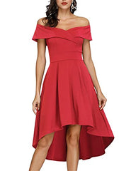 Red Off Shoulder High Low A Line Wedding Guest Party Cocktail Dress - JASAMBAC