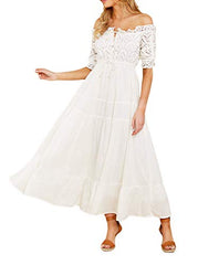 Womens Embroidered Off The Shoulder White Ruffle Maxi Dresses Boho Long Dress