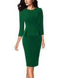 Green Sleeve Womens Pleated Crew Neck Peplum Wear To Work Office Sheath Dress Vfshow