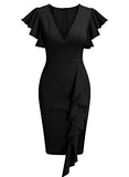 Women's Deep-V Neck Ruffle Sleeves Cocktail Party Pencil Slit Formal Dress - Knitee | Women's Cocktail Dresses