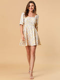 Women's Floral Printed Sweetheart Neck Puff Sleeve Fit and Flare A-Line Mini Dress