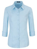 Sky Blue Womens Slim-Fit Long Sleeve Stretchy Button Down Collar Office Formal Casual Shirt Blouse - EZEN | Women's Tops and Blouses