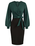 Women Formal Surplice Pleated V-Neck Belted Dresses Business Work Bodycon Dress