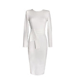 Women Casual Stretchy O-Neck Long Sleeve Fold Slim Pencil Dress