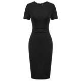 Women Wave Decorated Crew Neck Formal Work Dresses Bodycon Pencil Dresss