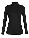 Women's Lettuce Trim Mock Neck Long Sleeve Slim Fit Ribbed Knit Tee Shirt | Women's Tops and Blouses