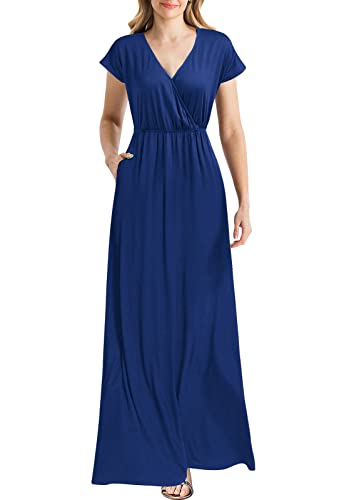 Blue Women Cap Sleeve Loose Plain Pockets Maxi Casual Formal Long Dresses - REPHYLLIS | Women's Formal Dresses