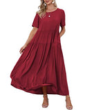 Wine Red Dresses Casual Plus Size Bohemian Short Sleeve Floral Long Maxi Summer Beach Swing Dress/Pockets - YESNO | Women's Casual Dresses