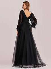 Women's V Neck Maxi Long Sleeves See-through Sexy Lace Black Wedding Dress For Bride 90336