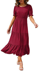 Wine Red Summer Midi Dress Floral Print Boho Dress Ruffle Puff Sleeve High Waist A-Line Casual Boho Cocktail Holiday Beach Long Dress - GRECERELLE