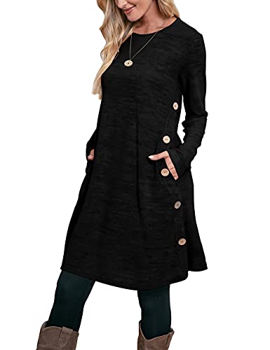 OFEEFAN Women's Long Sleeve Dress with Pockets Buttons Side