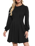 LIUMILAC Womens Pleated Aline Dress Round Neck Long Sleeve Casual Swing Dresses