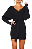 Zonsaoja Women's Sweater Dress Sexy V Neck Long Sleeve Backless Wrap Knitted Mini Dresses