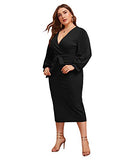 Women's Plus Size Bishop Sleeve Plunging V Neck Belted Bodycon Dress | Women's Work Dresses