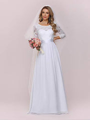 Women's Lace Round Neck Long Sleeve Simple Chiffon Wedding Dress 7412-eh