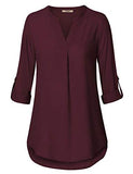 Dark Red Women's Casual Chiffon V Neck 3/4 Sleeve Blouse Tops - Timeson | Women's Tops and Blouses