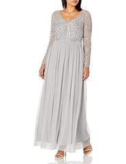 Adrianna Papell Women's Long Sleeve Gown with Beaded Bodice