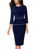 Blue With White Piping Womens Pleated Crew Neck Peplum Wear To Work Office Sheath Dress Vfshow