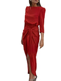 Women's Satin Long Sleeve Formal Dress Tie Front Elegant Pencil Midi Dress | Women's Midi Dresses