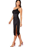 Women's Elegant One Shoulder Sleeveless Split Hem Satin Party Cocktail Midi Dress