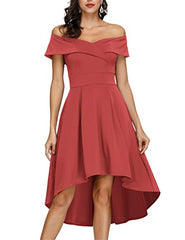 Brick Red Off Shoulder High Low A Line Wedding Guest Party Cocktail Dress - JASAMBAC