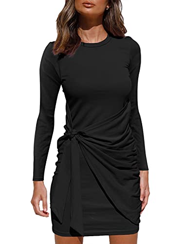 Vasysvi Bodycon Dress Casual Crew Neck Long Sleeve Wrap Ruched Tie Wai Original Brand