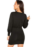 Women's Deep V Neck Twist Front Ruched Long Sleeve Mini Bodycon Dress