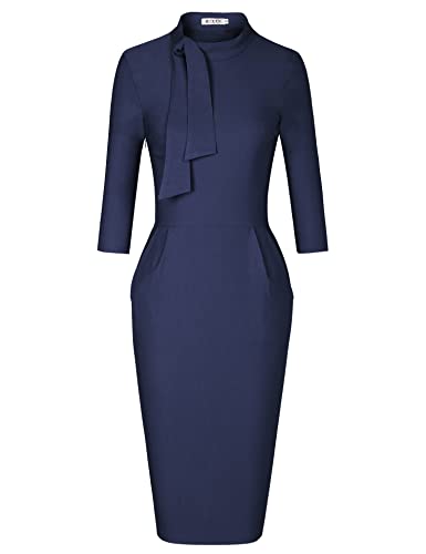 Navy Blue Women's Classic Vintage Tie Neck Formal Cocktail Dress With Pocket Muxxn | Women's Work Dresses