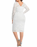 Women's Plus Size Lace Long Sleeve V-back Stretchy Bodycon Midi Wedding Cocktail Pencil Dress | Women's Lace Dresses