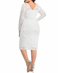 Women's Plus Size Lace Long Sleeve V-back Stretchy Bodycon Midi Wedding Cocktail Pencil Dress