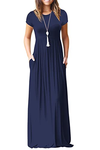 Navy Blue Maxi Dress Summer Casual Long Dresses for Laydies with Pockets - GRECERELLE