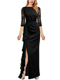 Women's Vintage Lace Floral Ruched Ruffles High Slit Party Wedding Maxi Formal Long Dress