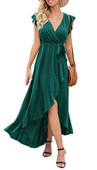 Dark Green  Women's Summer Floral Print Cross V Neck Dress Bohemian Flowy Long Maxi Dresses - GRECERELLE