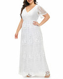 Women Plus Size V Neck Floral Lace Maxi Boho Wedding Short Sleeve Cocktail A Line Dress | Women's Casual Dresses
