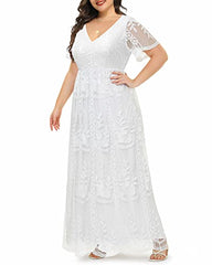 Women Plus Size V Neck Floral Lace Maxi Boho Wedding Short Sleeve Cocktail A Line Dress