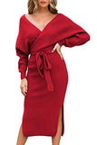 Womens Sweater Dress V Neck Backless Batwing Long Sleeve Belted Knit Dresses | Women's Formal Dresses
