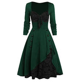 Classy Button Down Slit Dress Womens Vintage A Line Swing Pleated Dresses Floral Print Lace Block Stitch Retro Dress 1950s | Women's Casual Dresses