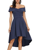 Navy Off Shoulder High Low A Line Wedding Guest Party Cocktail Dress - JASAMBAC | Women's Cocktail Dresses