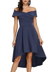 Navy Off Shoulder High Low A Line Wedding Guest Party Cocktail Dress - JASAMBAC